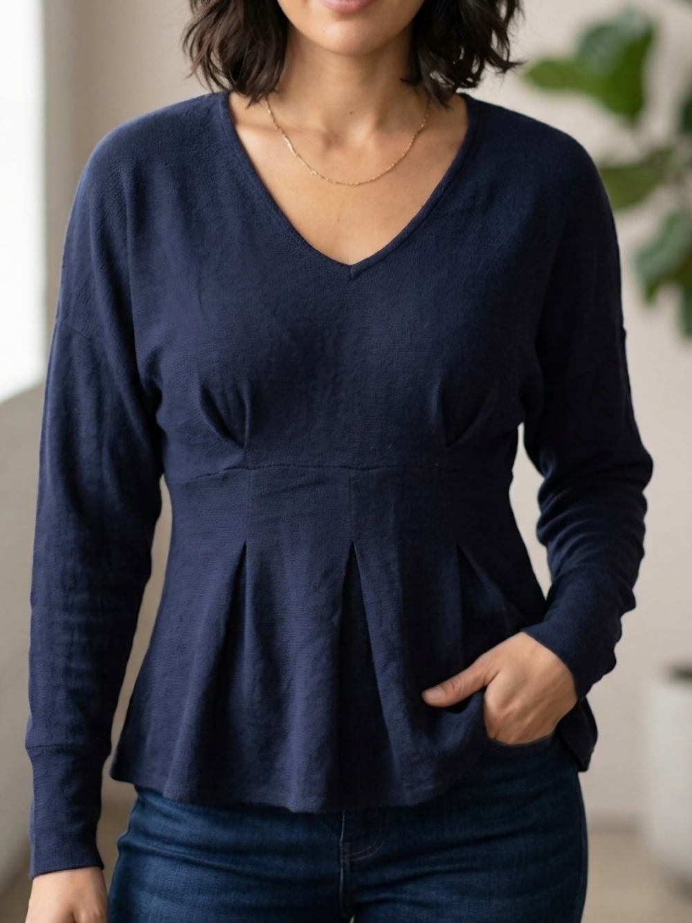 Zara Trafaluc Collection Navy V Neck Textured Peplum Linen Blend Long Sleeve Top